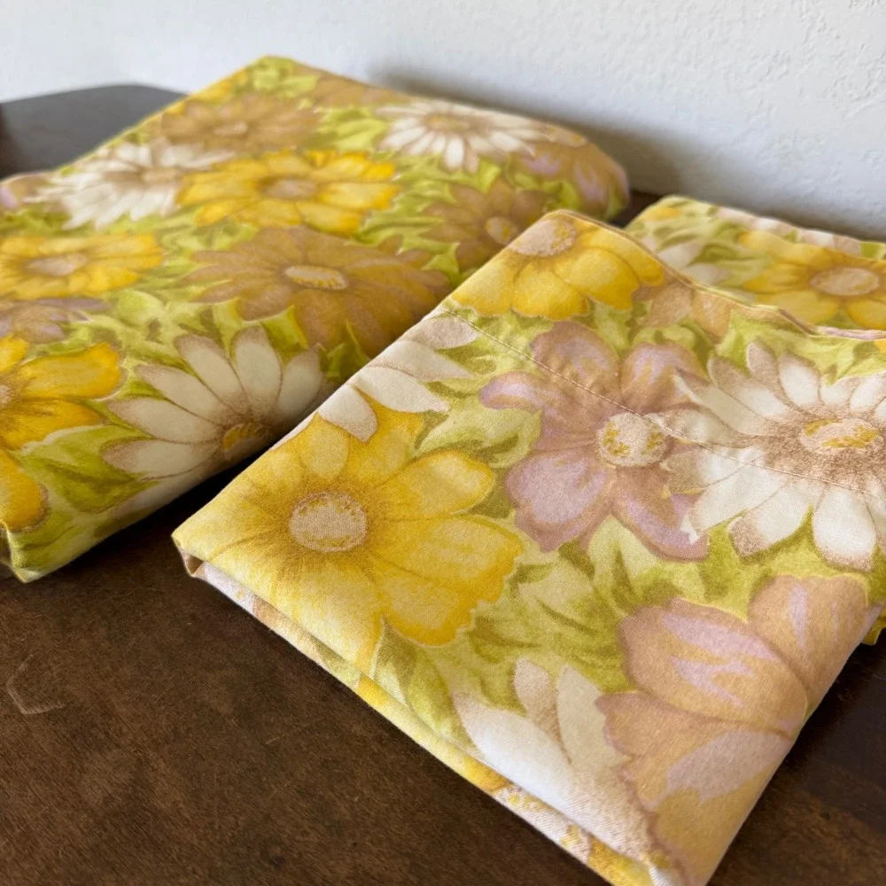 Retro 70s Cannon Monticello Muslin Queen Flat Pillowcases Sheet MOD Hippie Daisy